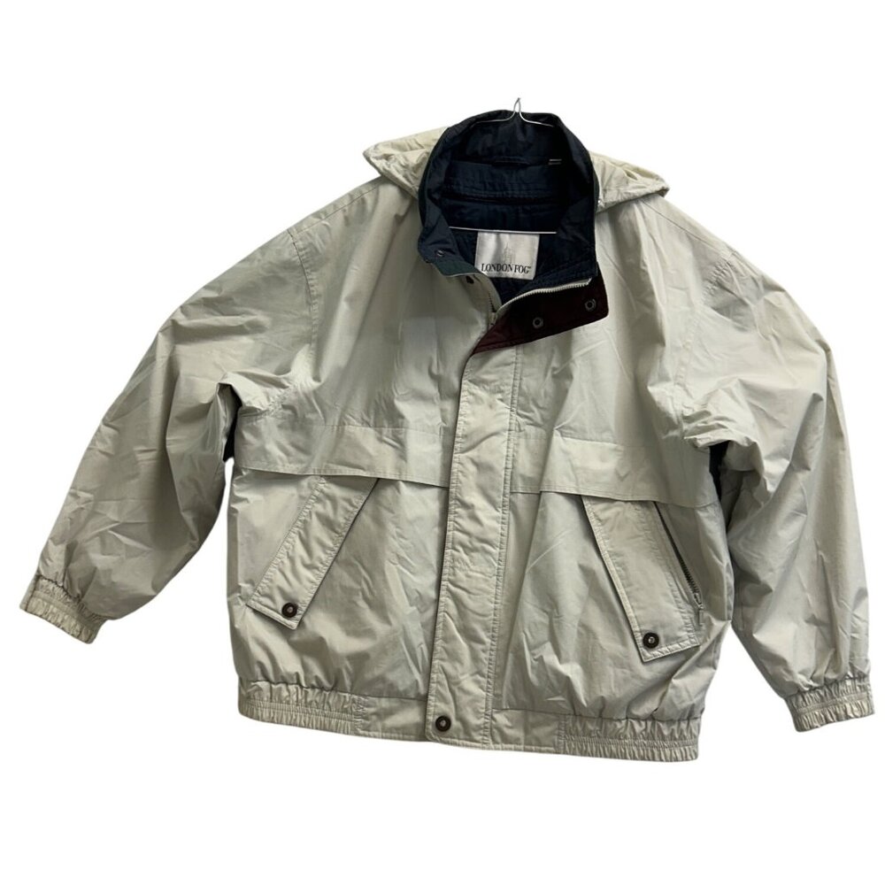 London Fog Mens Beige Removable Lined Jacket Size Large Waterproof Nylon Shell